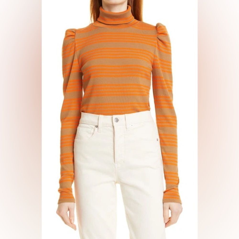 Veronica Beard Cedar Stretch Cotton Turtleneck Top In Teddy Brown and Orange